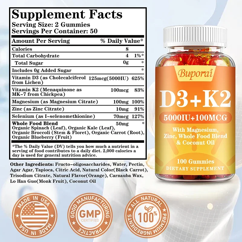 Vitamin D3 K2 Gummies - Strengthen Bones, Support Heart and Joint Health, Improve Immunity, Mood and Energy Levels