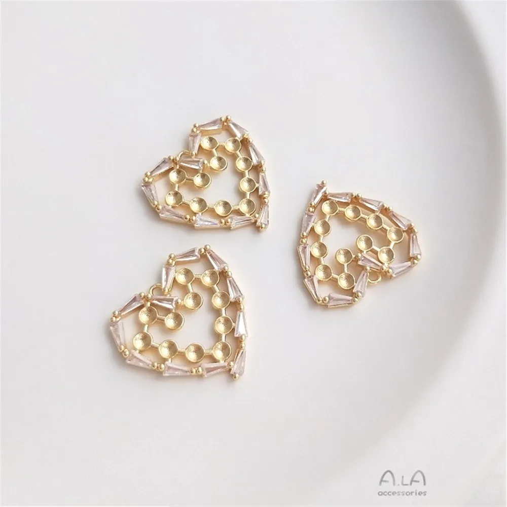 

Pearl Accessories 14K Real Gold Color Preservation T Square Zircon Edge Peach Heart Small Bead Tray Pendant Diy Love Pendant