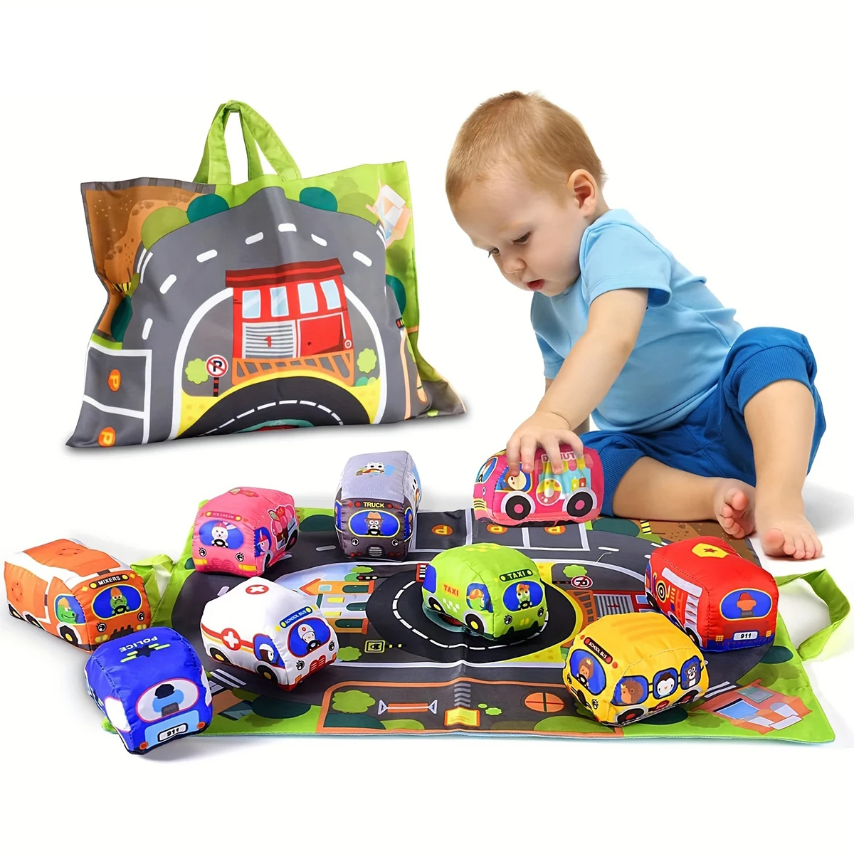 Juego de coches de juguete suave con tapete de juego y vehículo de 6 piezas para juguetes de bebés de 18 meses, coches para niños y niñas, juguetes educativos