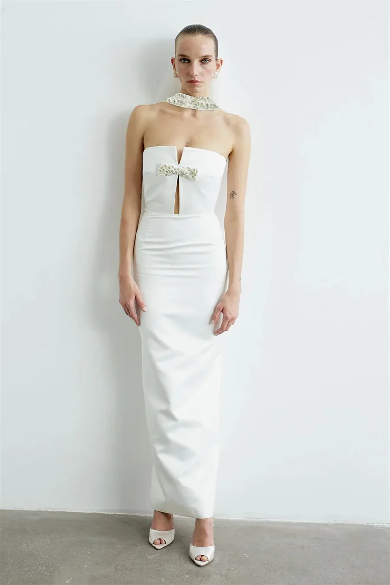 

Белое бандажное платье с кристаллами, элегантное, с вырезом халтер, без рукавов, облегающее, для вечеринок, официальных мероприятий, свадеб, дней рождения, вечерних выходов