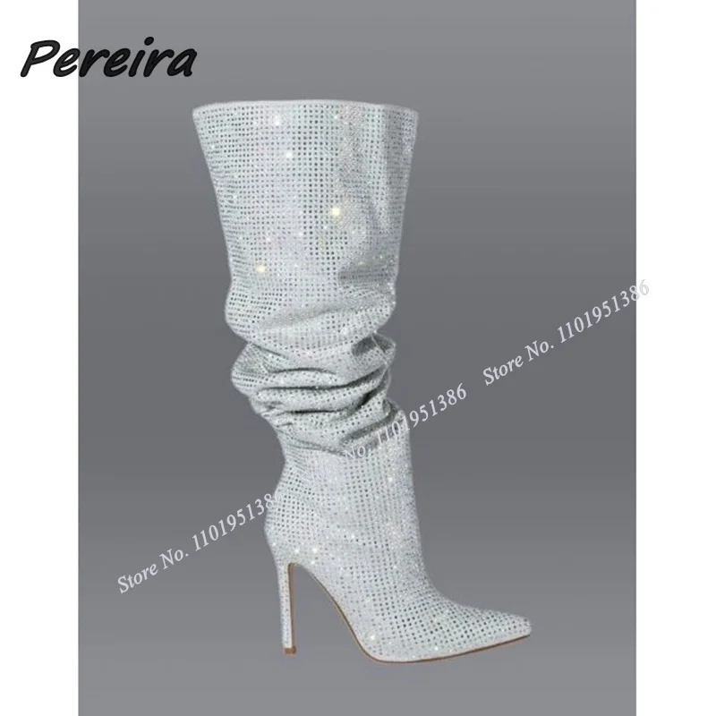 Pereira Solid Crystal Knee High Boots Pleated Slip on Stiletto High Heel Pointed Toe Shoes for Women High Heels Zapatillas Mujer