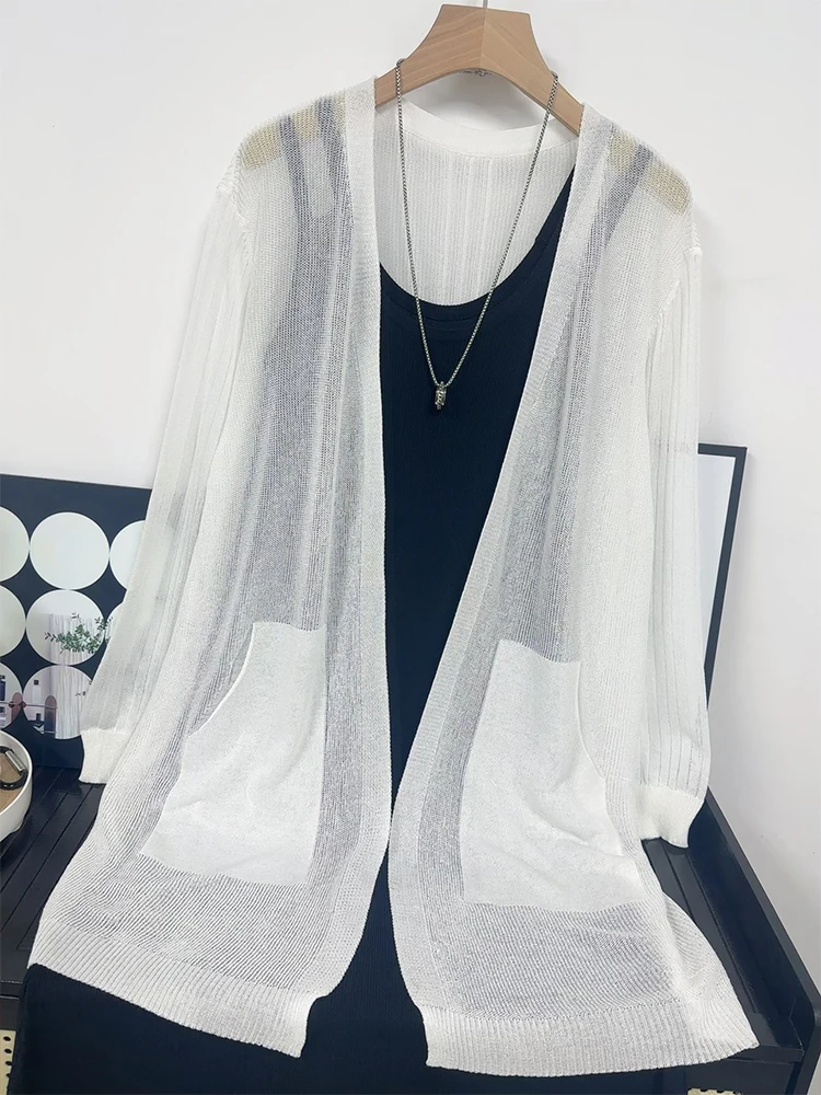 High Quality Summer New Ice Silk Knitted Mid Length Cardigan Women's Loose Sun Protection Shirt Thin Air-conditioned Shirt