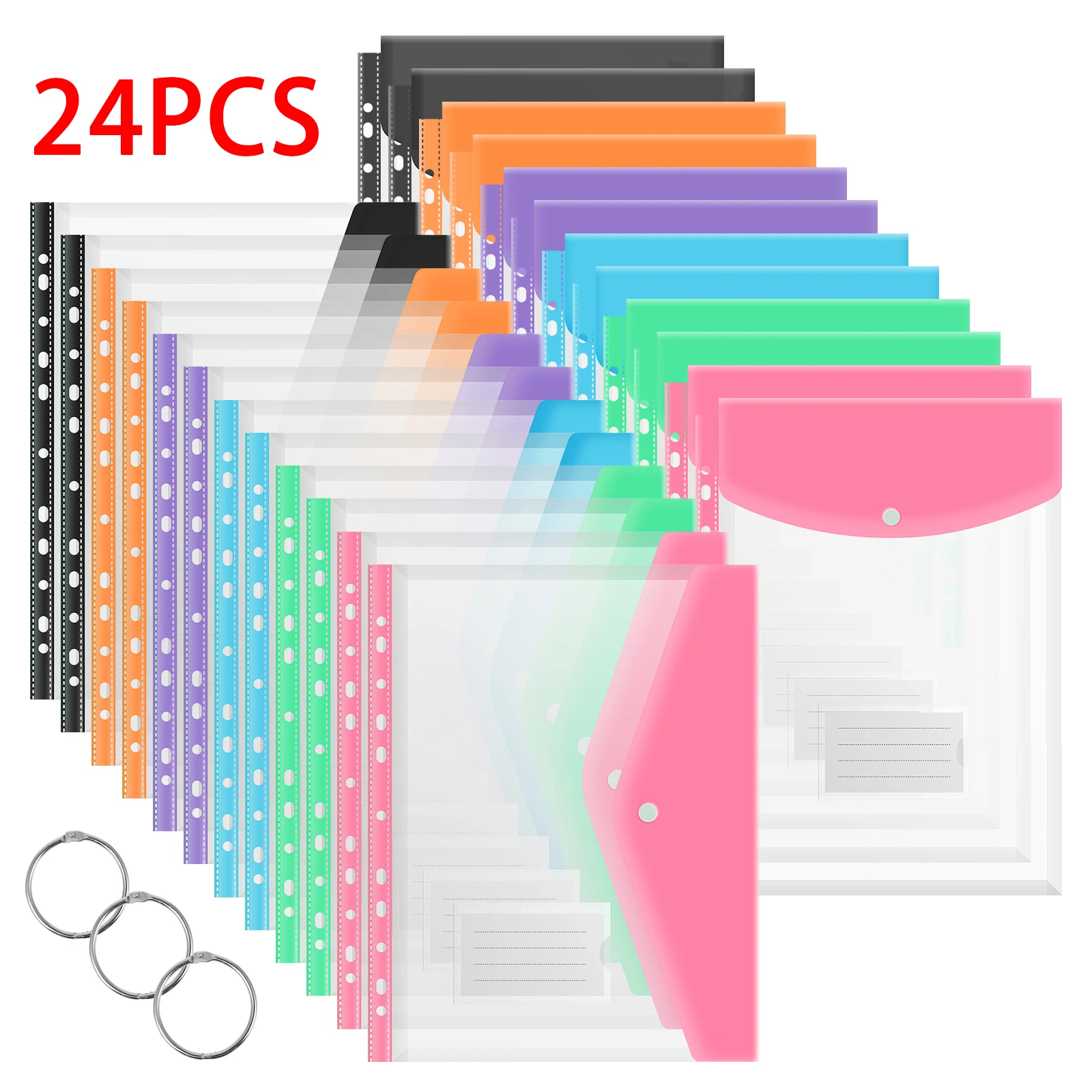 

24 Pcs A4 Binder Pocket Organizer Folders Expandable Waterproof Envelopes Binder Folders Clear Snap Button For School Office