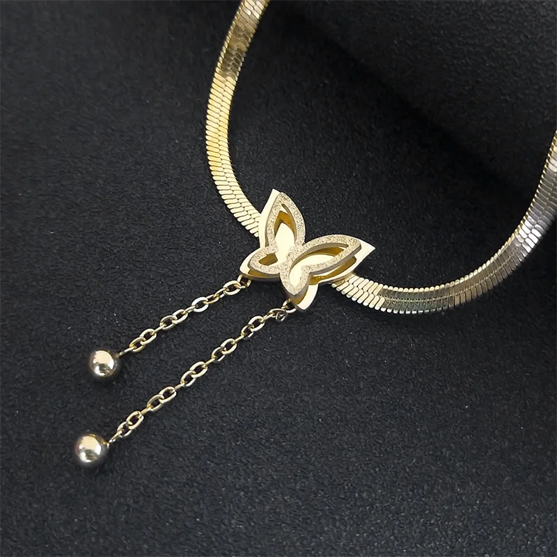 

Aesthetic Butterfly Snake Chain Necklace for Women Gold Color Stainless Steel Tassel Ball Vintage Clavicle Choker Jewelry