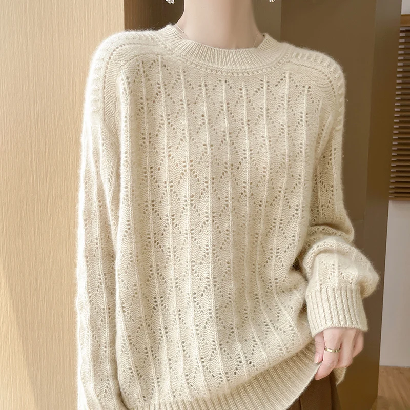 Autumn Winter New 100% Merino Wool Sweater Women's Clothing Round Neck Tops Casual Loose Knitted Pullover Fashion Korean Cloak