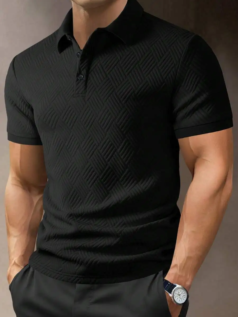 Men's Beige Textured Diamond Pattern Polo Shirt, Casual Short Sleeve for Daily Wear