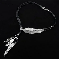 Vintage Metal Feather Design Pendant Necklace Bohemian Vocation Style Alloy Jewelry Creative Holiday Necklace