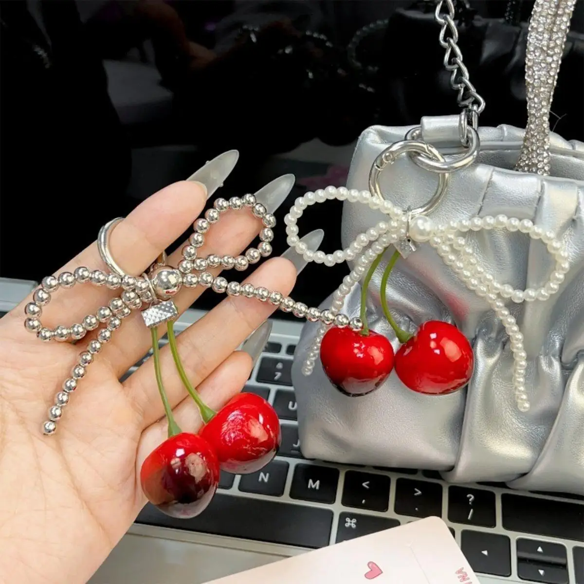 الفراولة INS نمط المفاتيح لطيف جرلي حقيبة سحر الكرز Bowknot المفاتيح لفتاة النساء الطلاب هدايا عيد الميلاد عيد الميلاد #3