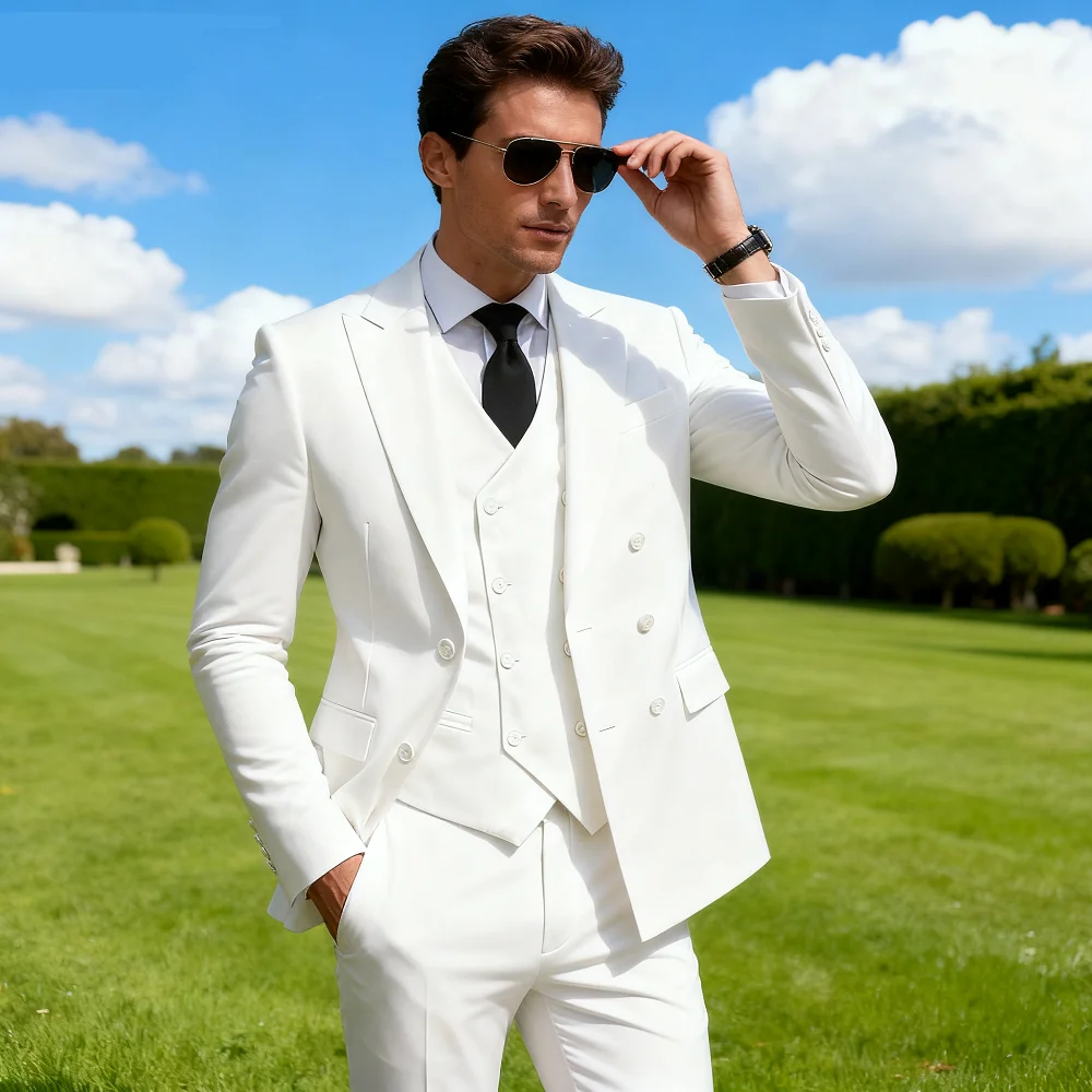 

Elegant Green 3Pcs Wedding Suit for Men Slim Fit Peak Lapel Formal Jacket Vest Pants Tuxedo Set Best Man Groom Male