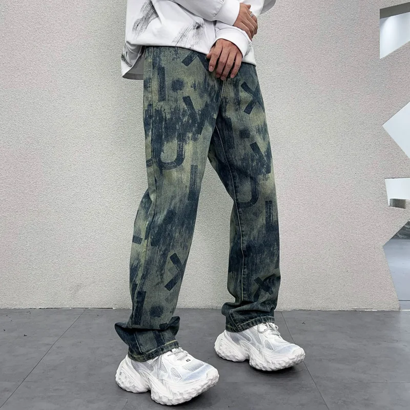 

Y2K Retro2024 Jeans Men's American Style High Street Loose Straight Wide Leg Street Fashion Tie-Dye Printed Denim Cloth Trousers