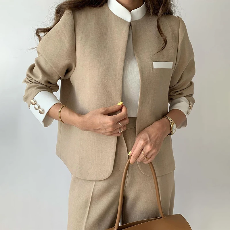 Elegant Color Blocked Patchwork Set Women Fashion Stand Collar Blazer & Long Pant Suit Women Causal Long Sleeve Loose 2Pc Outfit