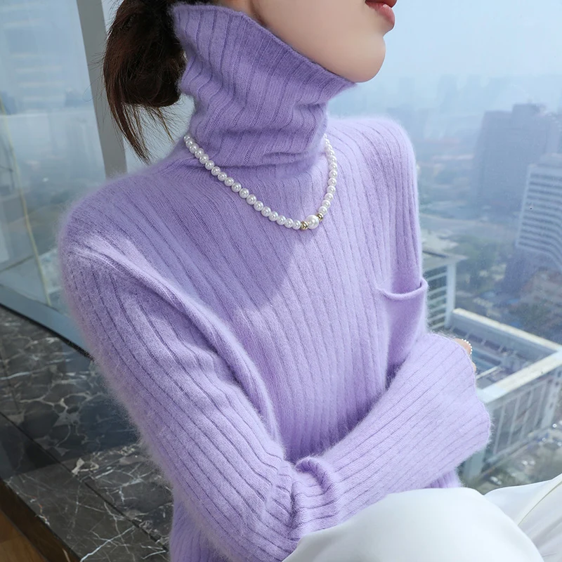 Hot selling new 100% mink cashmere knitted pullover women's high neck sweater with slim fit and exquisite full sleeves,  tops