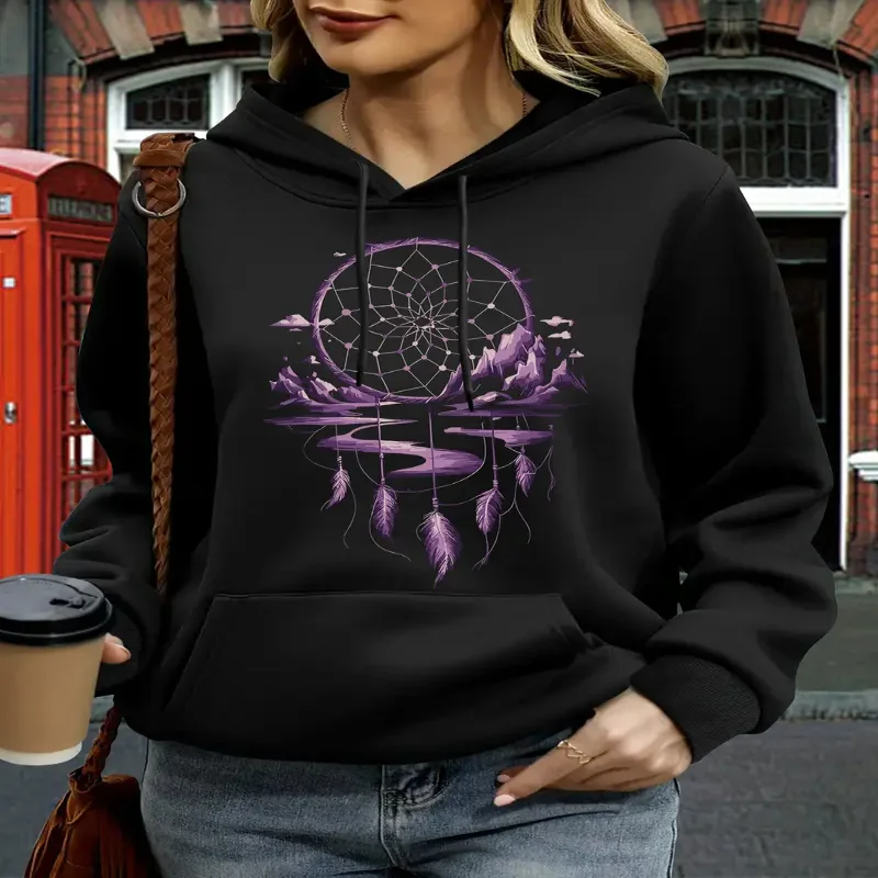 

Женская черная толстовка с капюшоном, повседневный пуловер больших размеров с длинными рукавами и рисунком «Ловец снов», мягкая толстовка свободного покроя для уличной одежды