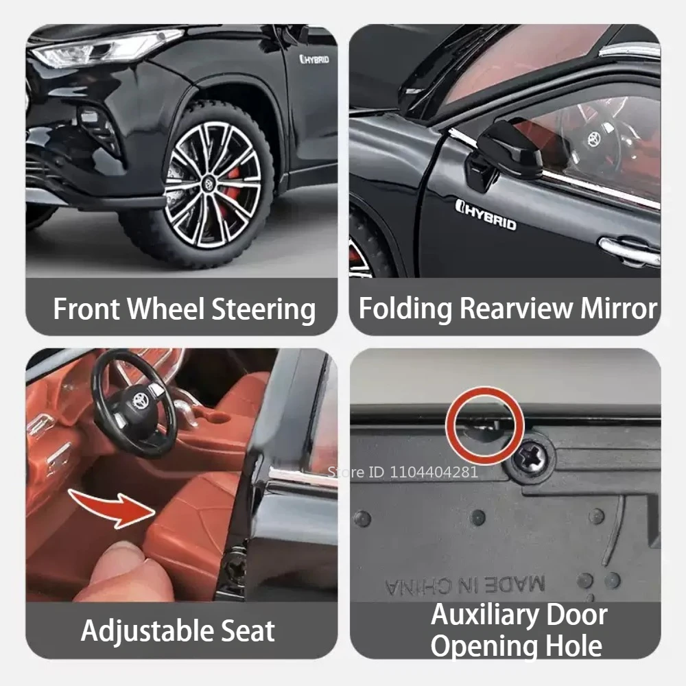 1:24 Highlander RAV4 Model Toys Diecast Car 6 Doors Opened with Sound Light Pull Back Miniature Vehices for Boy's Birthday Gifts