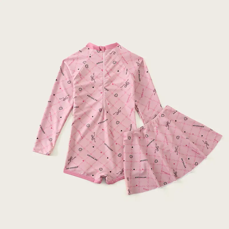 Traje de baño Kawaii My Melody para niña, falda de ángulo plano, traje de baño de manga larga, ropa de playa, regalo de protección solar