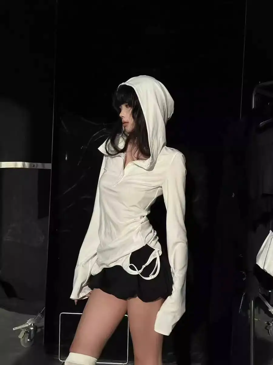 

Loop Killer Grey Long Sleeve T shirt Women Spring E girl Slim Fit Design Sense Niche Jazz Dance Hooded Top