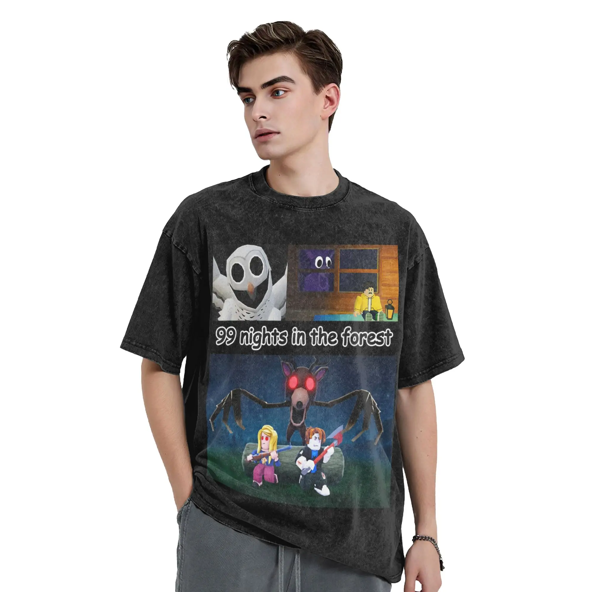99 ليلة هالوين ألعاب الغزلان في الغابة تي شيرت للرجال الياقة المستديرة غسلها تي شيرت قصير الأكمام تي شيرت الملابس