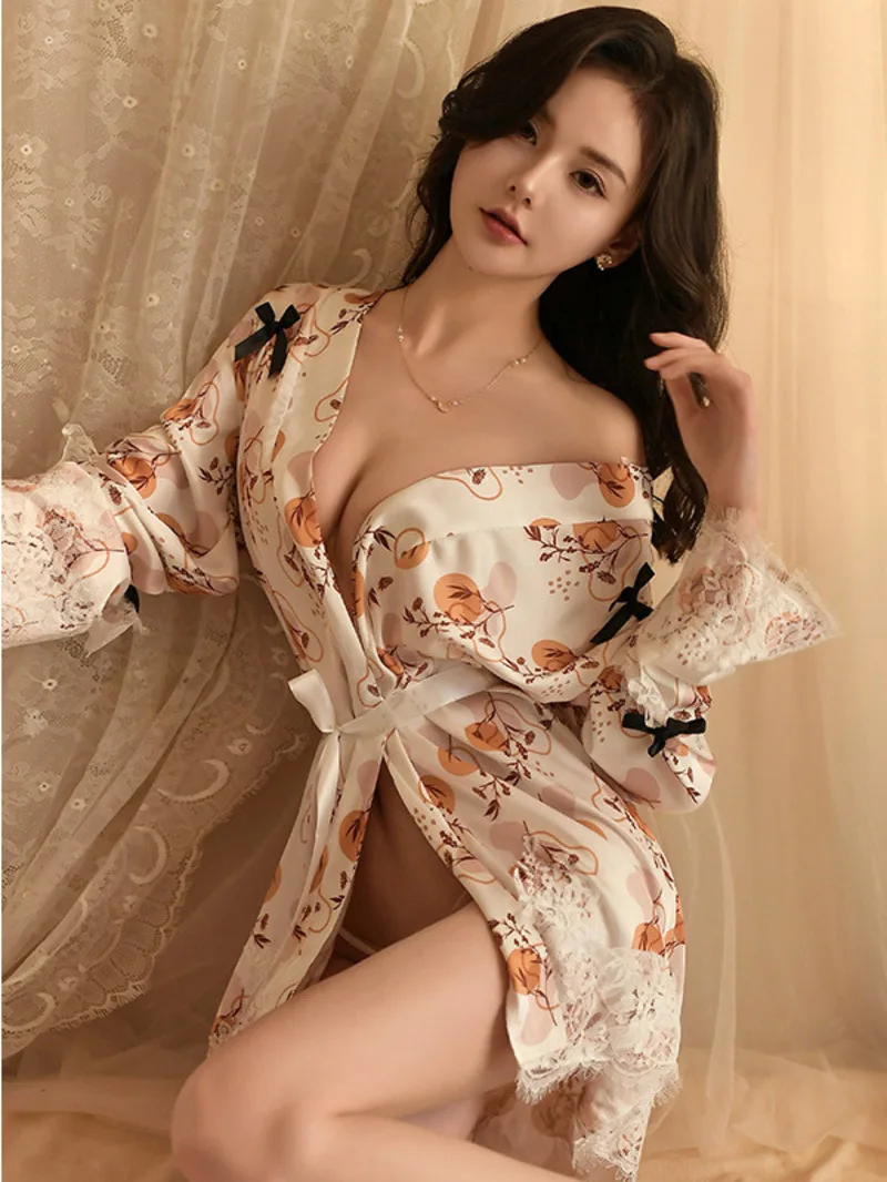 Dress Elegant Tops Sensual Bathrobe, Soothing Long Sleeve Strap Sleeping V Neck Mini Dress Satin Lace Home Lace Sexy IH7H