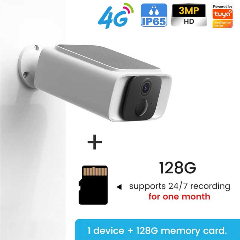 DIGIT-TUYA 4G Solar Camera Outdoor Surveillance 1080P 128G Color Night Vision PIR Detection Home Security Built-In Battery