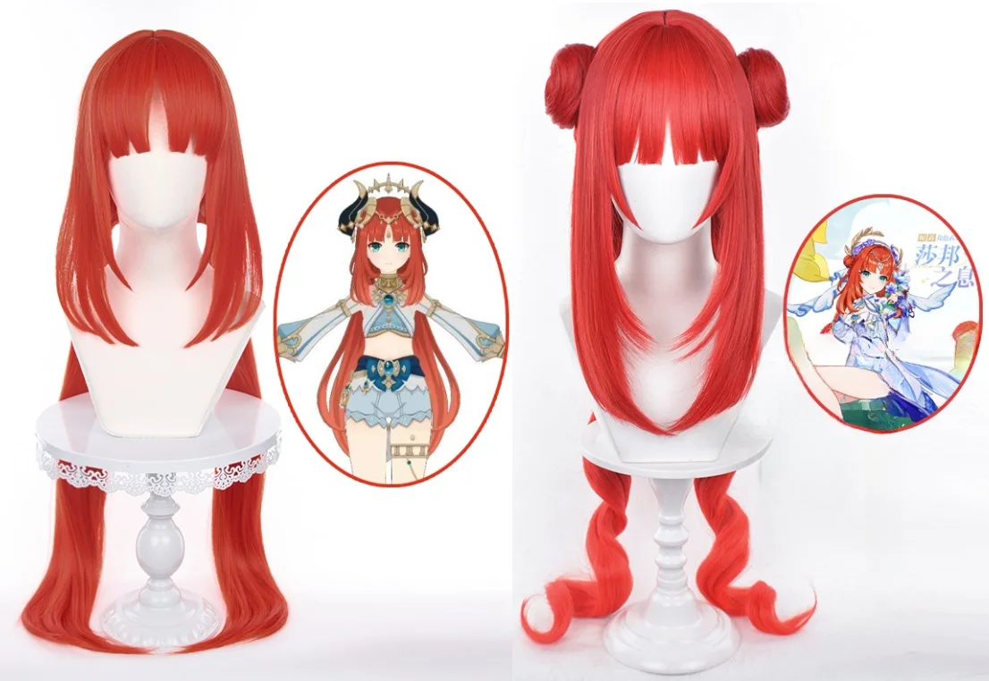 Genshin Impact Nilou Cosplay Perruque pour Femme, Cheveux Longs Rouges, Anime Costumes d'Halloween, Perruques de Jeu, Casquette