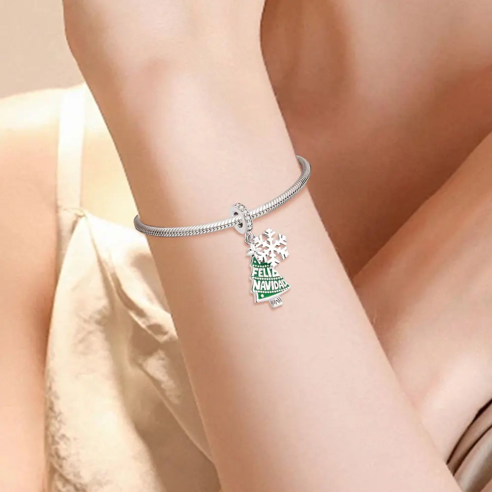 925 Sterling Silver Christmas Tree Charm Snowflake Bead For Original Bracelet DIY Ladies Party Hot Jewelry Lovers Christmas Gift