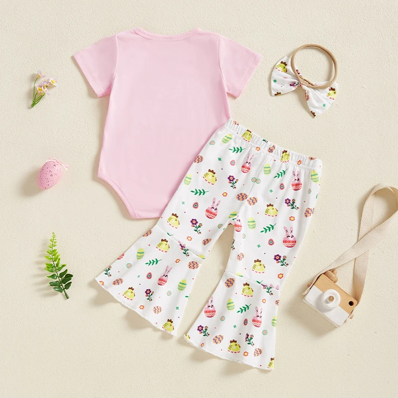 Toddler Girls Spring Outfits Cute Bunny Print Romper Floral Pants Headband Set for Easter Celebration