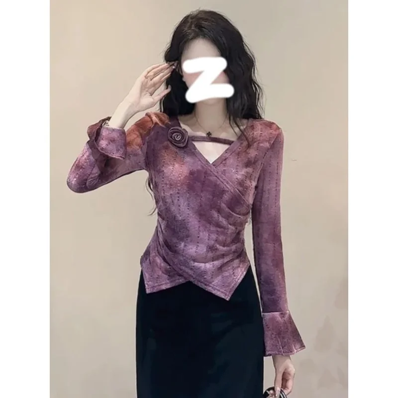 브이넥 타이다이 탑 여성용 2025 봄 가을 디자인 트럼펫 긴팔 니치 이너 셔츠