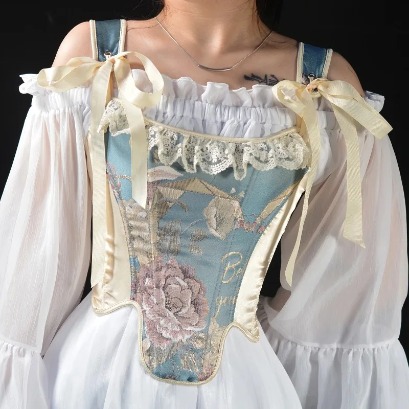Everbright Store Chinese Princess French Court Satin Peony Vintage Fishbone Bust Suspender Women's Top