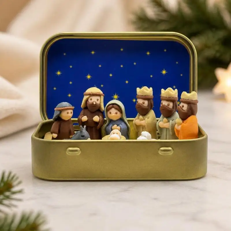 (Ce14)Mini Christmas Nativity Set In Tin Box Cute 3D Printed Figures Manger Set Iron Box For Christmas Home Decoration Gift