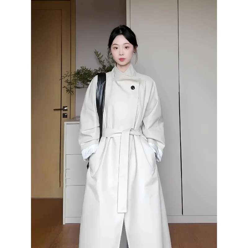 SuperAen 2026 Autumn New Simple Style Korean Long Stand-up Collar White Trench Coat Women's High-end Trench