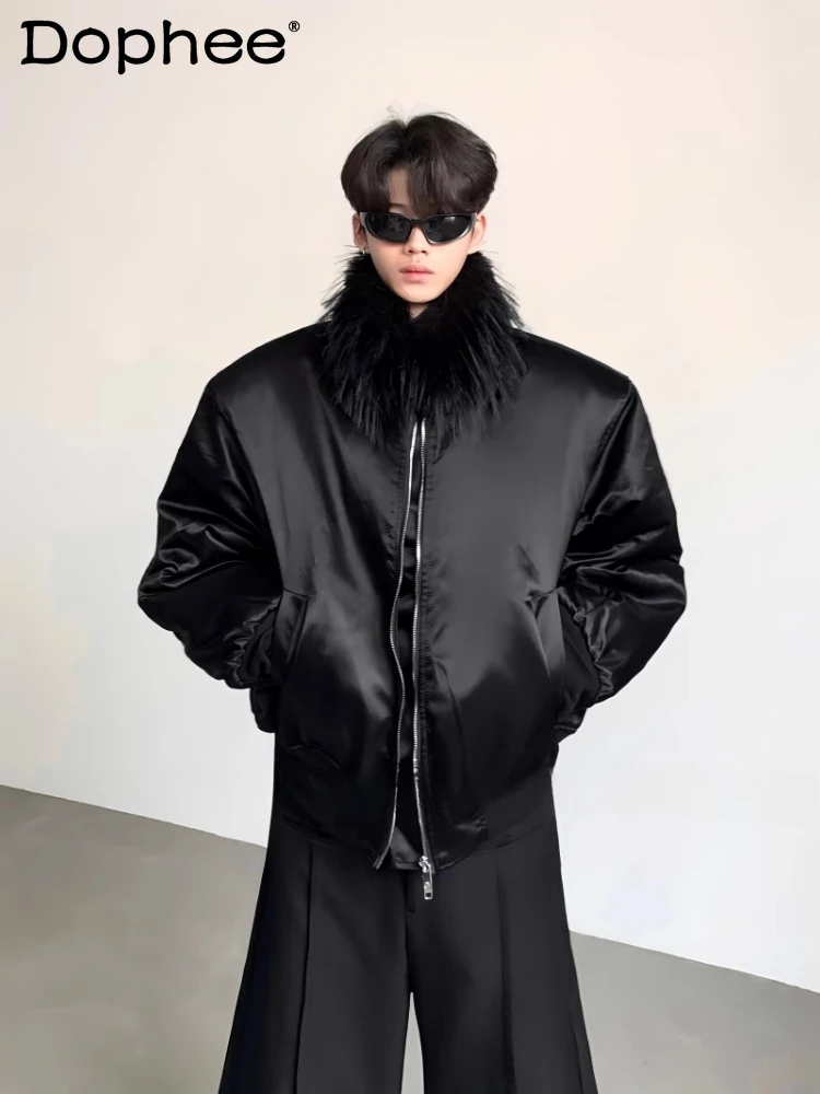 

Мужские зимние флисовые короткие стеганые куртки 2024, хлопковая куртка с глянцевым меховым воротником, трендовые мужские красивые однотонные парки с длинными рукавами