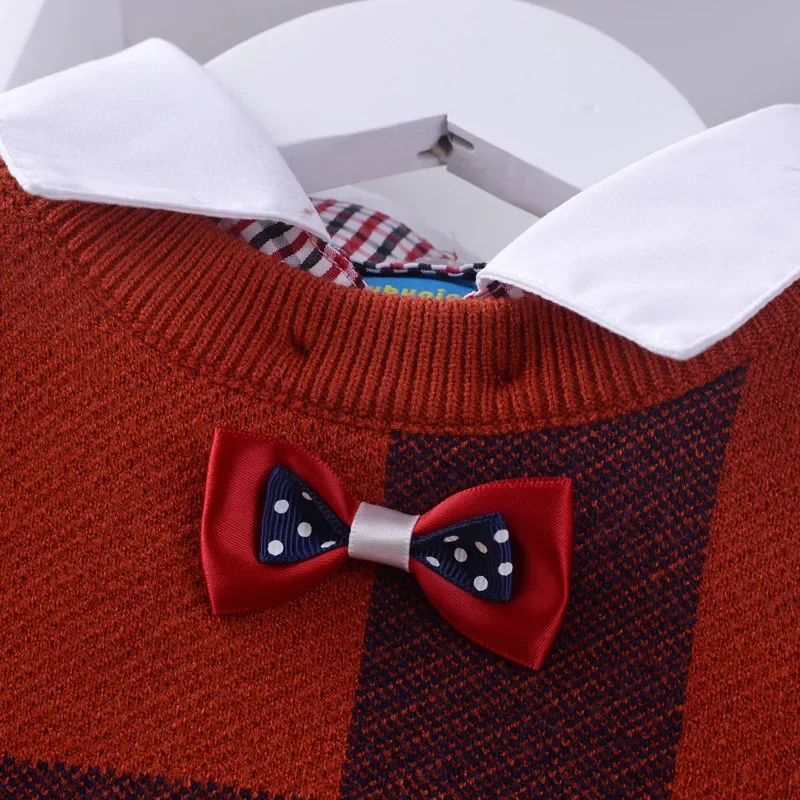 2024 Shirt collar Boys Sweaters Baby stripe Plaid Pullover Knit Kids Clothes Autumn Winter New Children Sweaters Boy Clothing