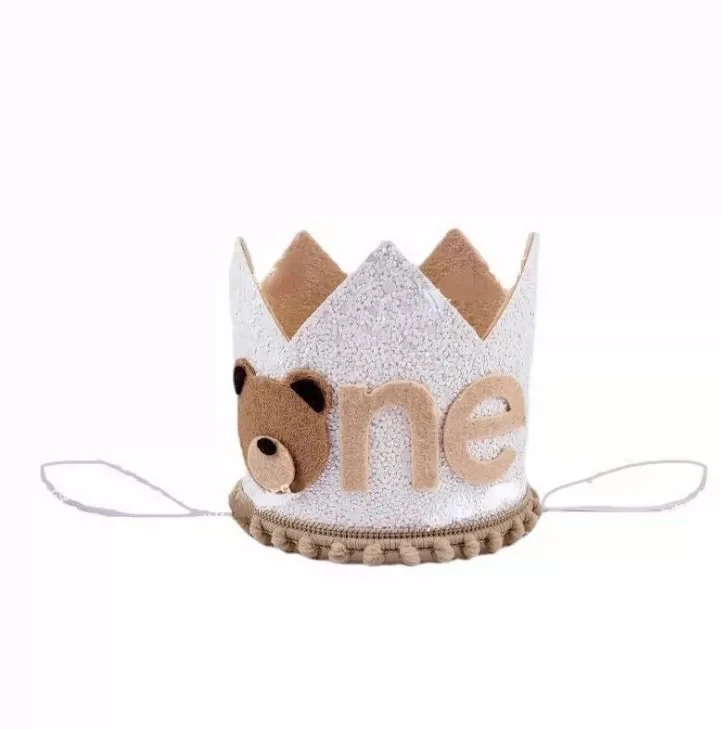 

One Year Old Birthday Party Sequin Felt Cloth Animal Brown Bear One 1st Birthday Crown Kids Little Bear Birthday Party Hat