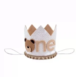 Chapeau de ixd'Anniversaire en Feutre à Paillettes pour Enfant, Couronne de Petit Ours Brun, Animal, 1 An