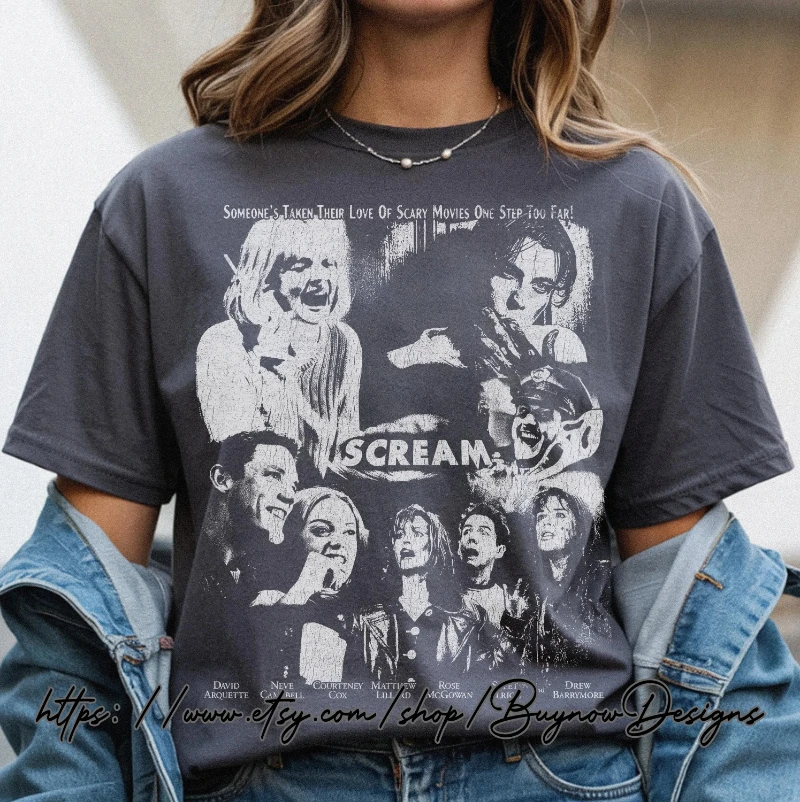 Vintage Scream Movie Shirt Retro 90s Horror Fan T-Shirt Scream Graphic Tee Scream Cast Bootleg Shirt Scary Movie Lover Gift