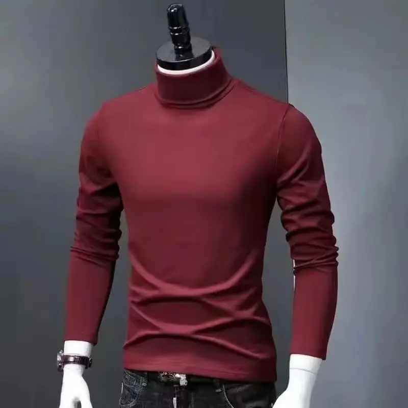Basic Bottoming Plain T-shirt Fashion Men's Casual Slim Fit Basic Turtleneck High Collar Pullover Male Autumn Spring Thin Tops