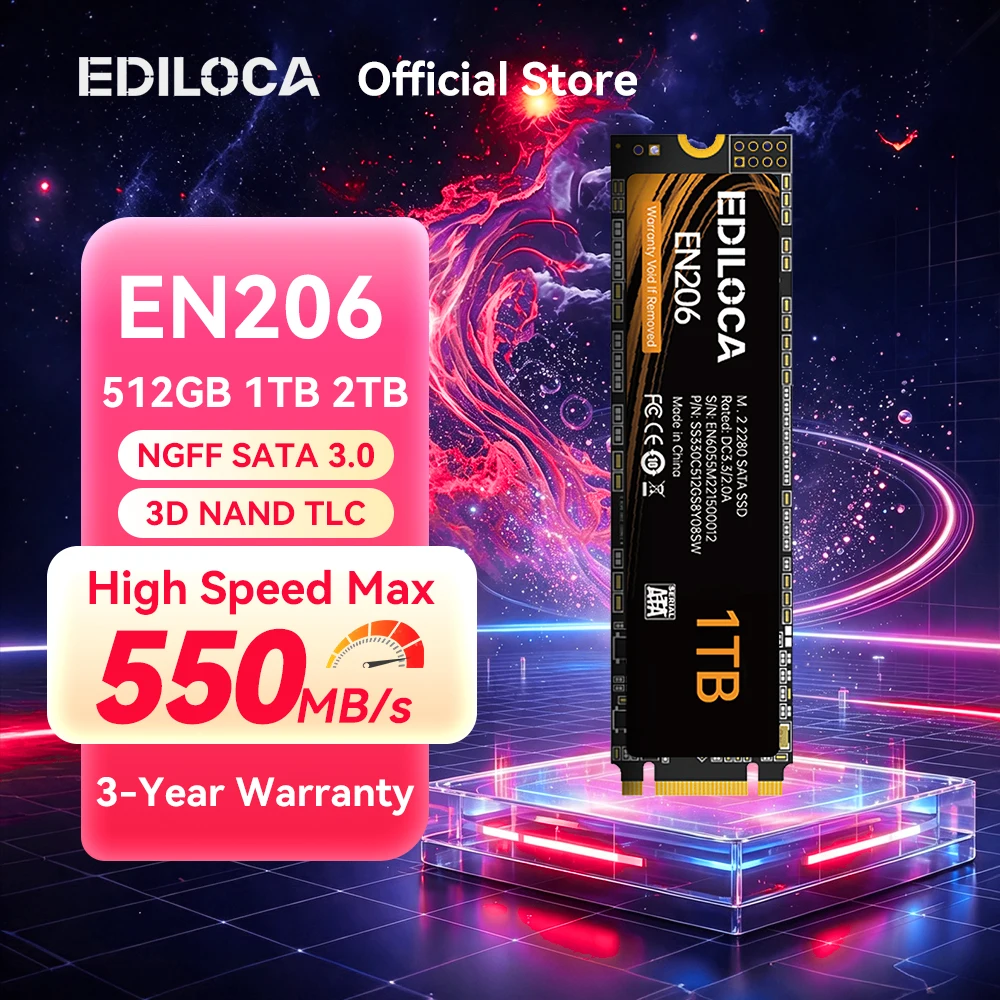 Ediloca EN206 SSD SATA 256GB 512GB 1TB 2TB M.2 SSD 3D NAND TLC 6Gb/s 550MB/s Internal Solid State Drive for Laptop PC Desktop