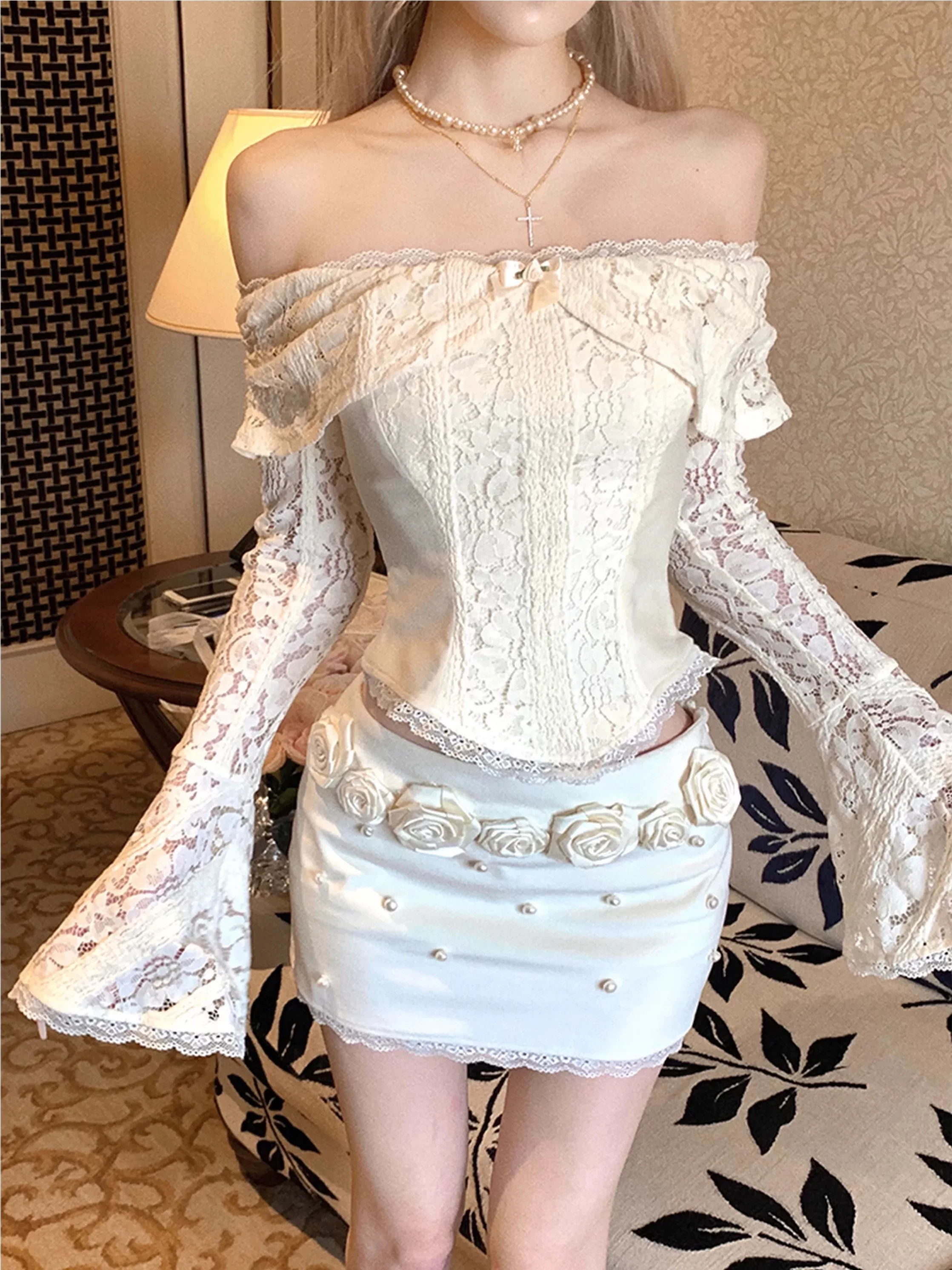 Women Romantic Sexy Style White Rose Lace Off Shoulder Flared Sleeve 2 Piece Sets Coquette Cutecore Princess Shoujo Girl Clothes