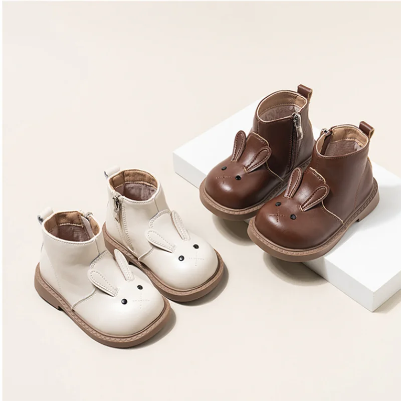 

Baby Girls Cartoon Rabbit Outdoor Boots High Top Zip Princess Shoes Non-slip First Walking