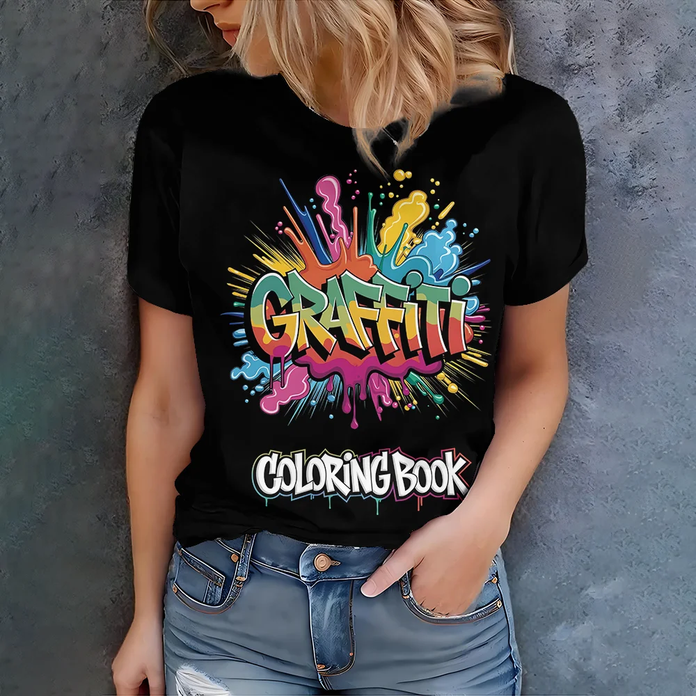 

Grey round neck graffiti T-shirt for women, fashionable and casual with splash design - new summer products for 2025