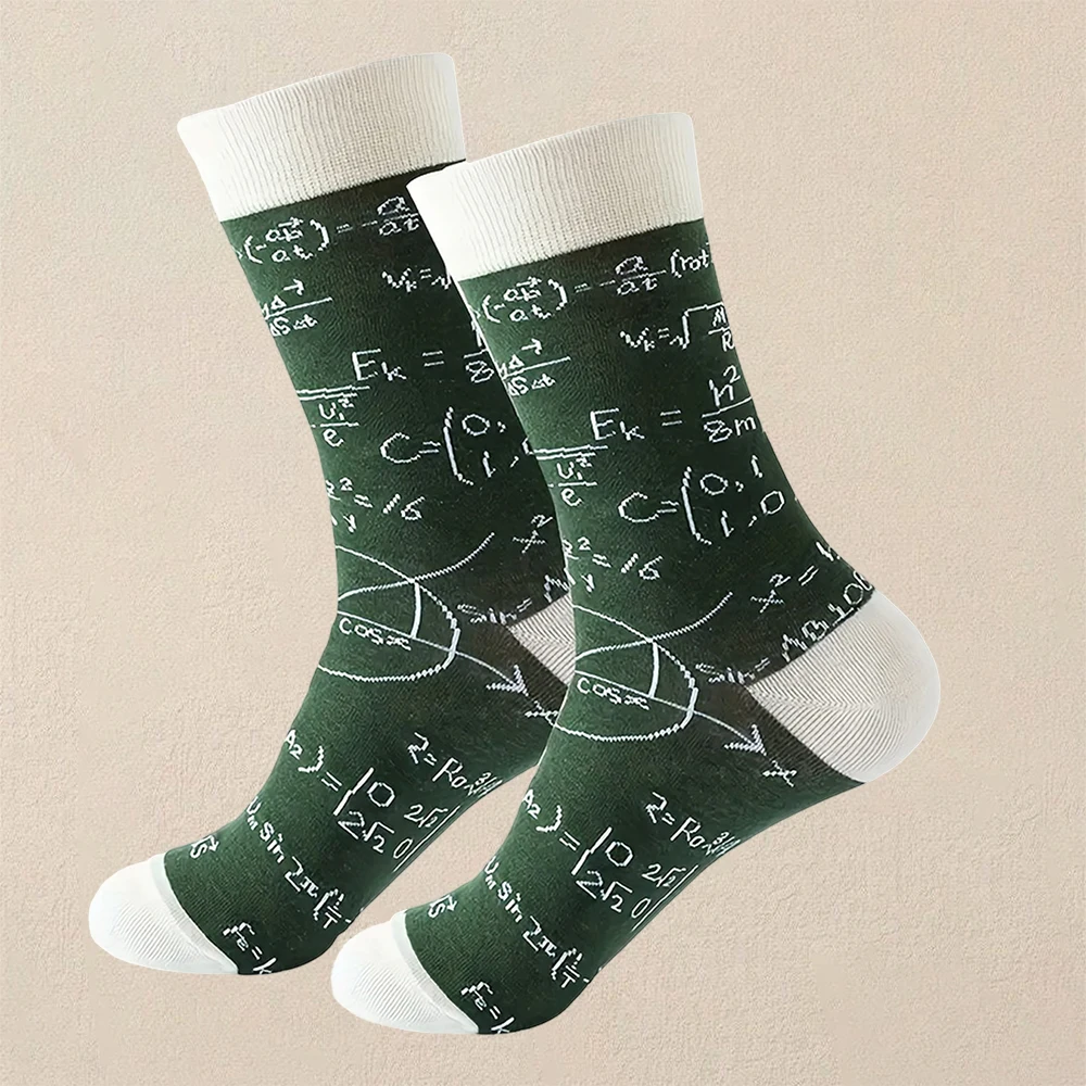 1 Pair Men Mathematical Letter Pattern Round Neck Socks Casual Fashionable Creative Breathable Comfortable Mid Length Socks