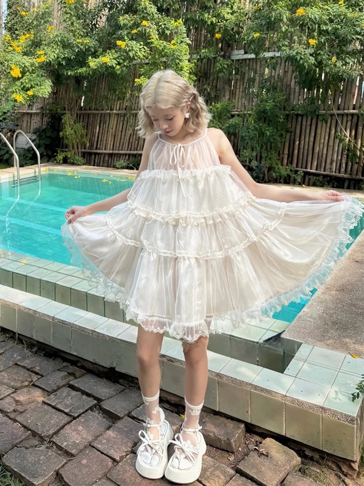 

Белое кружевное платье-фея с жилетом и юбкой на бретельках для женщин, милое, с завышенной талией, пышное, короткое, на молнии