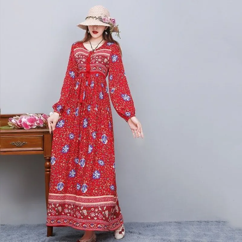 Vintage Women\'s Beach Skirt Dress Long Sleeve Floral Print Beach Bohemian Straight V-neck Maxi Dress Summer Ladies Dress