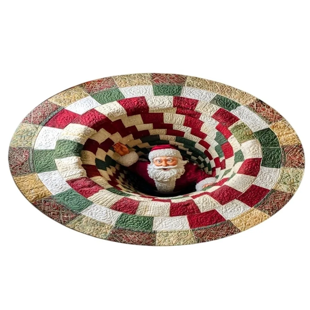 80cm 31.5in 3D Illusion Rug 2D Flat Printed Santa Claus Round Vortex Carpet Non-Slip Floor Mat Christmas Doormat Outdoor