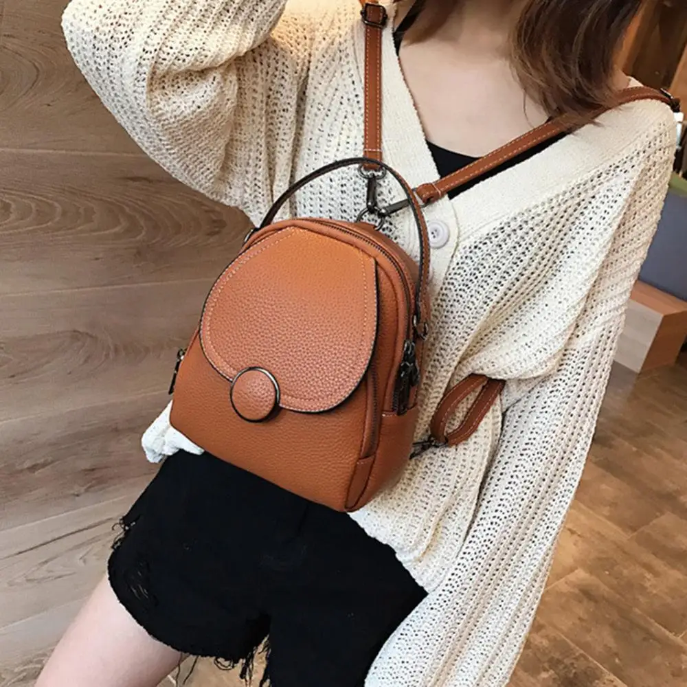 Elegant Women Solid Color Zipper Mini Backpack Soft Faux Leather Handbag Satchel Bag