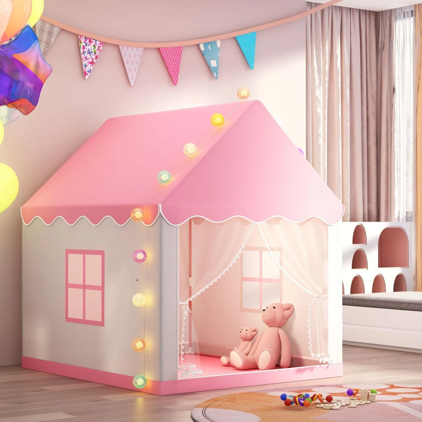 대형 어린이 장난감 텐트 위그와움 접이식 키즈 텐트 티피 아기 놀이집 여자아이 핑크 공주 성 어린이 방 꾸미기 크리스마스 선물 / 야외  오락 및 스포츠