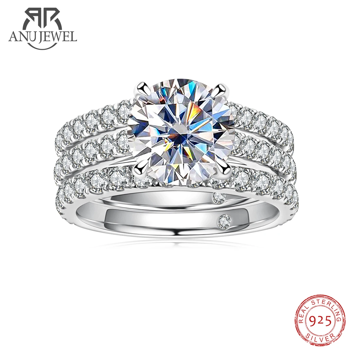AnuJewel 3ct główny kamień (łącznie 4,15 ct) D kolor zestaw pierścionków Moissanite zestawy ślubne obrączka srebrne pierścionki z GRA hurtowo