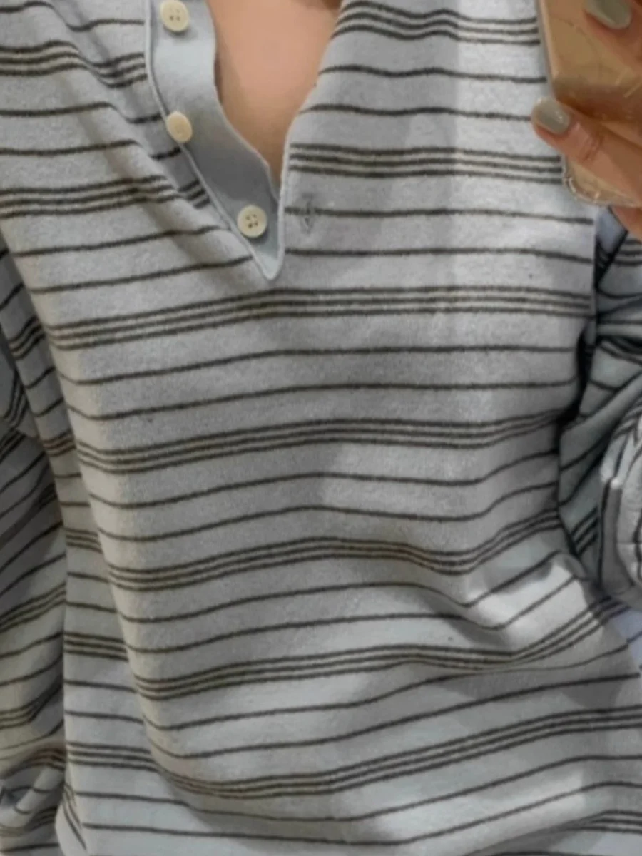 

Retro Blue Striped Knitwear Women's Loose Fit Turn-down Collar Base Layer Trendy Top Casual Sle Long Sve T-irt