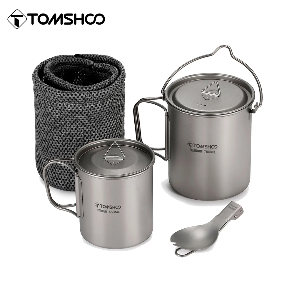 Tomshoo 3 PCS 티타늄 조리기구 세트 초경량 750ml 냄비 450ml 워터 컵 머그잔 w 뚜껑 접이식 스포크 야외 캠핑 배낭 여행