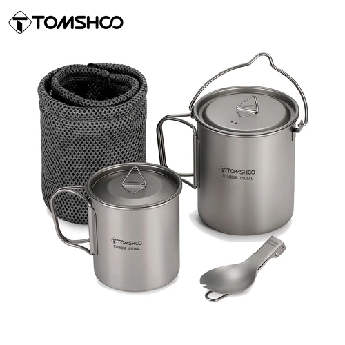 Imagen 1 del producto Tomshoo Juego de utensilios de cocina de titanio, olla ultraligera de 750 ml, taza de agua de 450 ml con tapa, deportiva plegable para acampar al aire libre, mochilero, 3 uds.